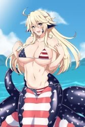 absurdres ahoge alternate_body_size american_flag american_flag_bikini american_flag_tattoo archived_source beach bikini blonde_hair blue_eyes blush breasts cleavage commission day female flag_print hair_between_eyes highres iowa_(kantai_collection) jewelry kantai_collection lamia large_breasts lindaroze long_hair looking_at_viewer monster_girl monster_musume_no_iru_nichijou monsterification navel open_mouth outdoors ring scales sky smile solo standing star-shaped_pupils star_(symbol) striped swimsuit symbol-shaped_pupils third-party_source wedding_band