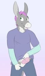 anthro asinus balls biped black_eyebrows blue_clothing blue_shirt blue_t-shirt blue_topwear bottomwear bottomwear_down bucklebunny clothed clothing donkey equid equine erection eyebrows front_view fur genitals glans green_eyes grey_body grey_ears grey_fur grey_tail hair hi_res humanoid_genitalia humanoid_penis inner_ear_fluff long_ears looking_aside male mammal pants pants_down partially_clothed penis pink_glans pink_hair pink_penis pink_tongue presenting presenting_penis raised_eyebrow shirt short_hair smile solo t-shirt tongue tongue_out topwear tuft white_balls white_body white_fur white_inner_ear_fluff