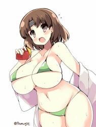 akikaze_tsumuji alternate_breast_size blush bra breasts brown_eyes brown_hair chiyoda_(kantai_collection) collarbone cowboy_shot eyebrows_visible_through_hair female food green_bra green_panties headband holding holding_food huge_breasts kantai_collection looking_at_viewer medium_hair navel no_pupils one-hour_drawing_challenge open_mouth panties simple_background solo stomach sweat sweet_potato thick_thighs thighs twitter_username underwear undressing white_background