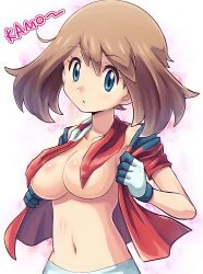 1girls bad_censor blue_eyes covering female gloves looking_at_viewer may_(pokemon) medium_breasts partly_clothed pokemoa pokemon pokemon_rse short_hair signature simple_background solo young