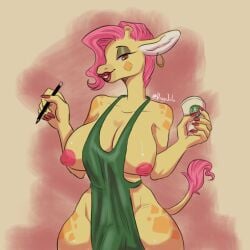 anthro apron apron_between_breasts apron_only big_breasts breasts bulge curvy_figure futa_only futanari gala_(tabuley) giraffe lips lipstick mammal nipples pawsy-paws starbucks tabuley tagme