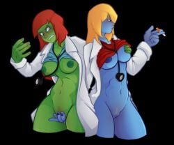 2girls blonde_hair blue_shirt blue_skin blush bottomless cigarette devolver_digital dodge_roll_games enter_the_gungeon green_skin holding_breast holding_crotch labcoat mendy_(enter_the_gungeon) multiple_girls patches_(enter_the_gungeon) pubic_hair pussy red_hair red_shirt shirt_lift source_request stethoscope suika_(artist) tagme toned