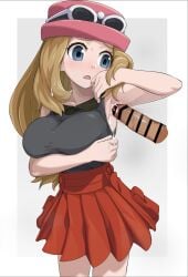 1boy 1girls armpit_sex armpits big_breasts blue_eyes breasts censor_bar censored cum cum_on_armpit disembodied_penis female glasses_on_head hat long_hair nanina nintendo penis pokemon pokemon_xy serena_(pokemon) serena_(pokemon_games) skirt thighs