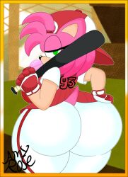 3barts amy_rose anthro baseball_bat baseball_cap baseball_uniform big_butt huge_butt sonic_(series) sonic_the_hedgehog_(series) standing text thick_thighs yellow_border