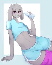 4:5 bedroom_eyes bulge clothing crop_top girly hi_res lagomorph legwear leporid male mammal narrowed_eyes rabbit seductive shirt taylor_(honmeg) thigh_highs tofffe topwear water water_bottle workout_clothing