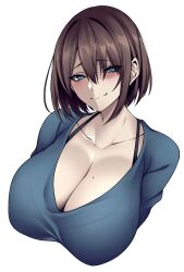 1girls ara_ara big_breasts blue_eyes blush breast breasts brown_hair camui_kamui_(hz_666v) cleavage cute enormous_breasts gigantic_breasts huge_breasts large_breasts light-skinned_female light_skin massive_breasts mole mole_on_breast original seductive seductive_eyes seductive_look seductive_smile smile top_heavy