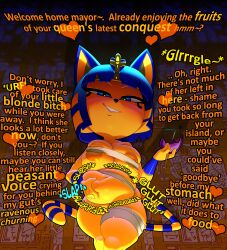 absurd_res after_vore animal_crossing ankha ankha_(animal_crossing) anthro bandage belly belly_squeeze big_belly big_breasts blue_eyes blush bob_cut breasts bulging_breasts burping clothed clothing container cup dialogue digestion dirty_talk domestic_cat drinking_glass egyptian english_text felid feline felis female female_pred female_prey glass glass_container glass_cup heart hi_res holding_belly ineffective_clothing large_breasts looking_down mammal markings navel nintendo potbelly rumbling_stomach shortstack skimpy smile smug solo sound_effects striped_markings striped_tail stripes tail_markings talking_to_viewer taunting text theboogie thick_thighs uraeus video_games vore wine_glass yellow_body