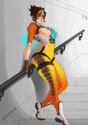 1girls boy_hair breasts brown_gloves brown_hair brown_nipples female full_body_suit goggles goggles_on_head iron-dullahan orange-tinted_eyewear overwatch short_hair solo_female stairs standing thick_legs thick_thighs tinted_eyewear tracer visor