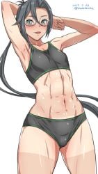 :d abs amagiri_(kantai_collection) armpits arms_behind_head asymmetrical_bangs bangs blush breasts dated female flat_chest glasses gloves grey_eyes grey_hair grey_panties kantai_collection katou_techu looking_at_viewer midriff navel open_mouth panties ponytail semi-rimless_eyewear smile solo sports_bikini sports_bra sweat tan tanlines twitter_username underwear white_background