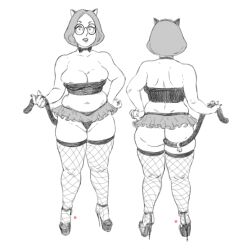 areola_slip ass big_ass bowtie breasts cameltoe cat_ears cat_tail cleavage family_guy female fingernails glasses high_heels meg_griffin midriff_baring_shirt monochrome nail_polish notsotv panties skirt thighhighs