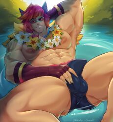 1boy animal_ears arm_up armpit armpits ass_visible_through_thighs bara bulge erection erection_under_clothes fingerless_gloves gasaiv grin hand_behind_head innertube large_areolae league_of_legends lei looking_at_viewer male male_focus male_only muscular muscular_male on_back penis pool_party_series pool_party_sett reclining red_hair sett smile smirk solo solo_male spread_legs sunglasses swimsuit swimwear tan_skin tattoo thick_thighs tinted_eyewear underwear whistle_around_neck