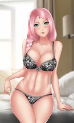 abp_art alternate_hair_length alternate_hairstyle blush boruto:_naruto_next_generations bra braid braided_ponytail breasts female female_only green_eyes lingerie long_hair looking_at_viewer low-tied_long_hair midriff naruto naruto_(series) on_bed panties pink_hair ponytail sakura_haruno shounen_jump side_ponytail sitting sitting_on_bed solo tied_hair underwear