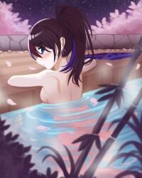 1girls 2d bath bathing black_and_red_and_purple_hair blossom_trees blue_eyes cherry_blossom_tree cherry_blossoms female female_only hot_spring jerrytz97 kunimitsu_ii kunoichi naked namco nude onsen pool solo steam tekken tekken_7 voluptuous water