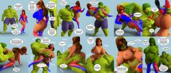 1boy 1girls 3d brown_hair green_hair green_skin hulk hulk_(series) larger_male low_quality marvel marvel_comics milf muscular_male revealing_clothes rule_63 saturnxart scantily_clad sequence sex she-hulk skin_color_change spider-man spider-man_(series) straight_hair