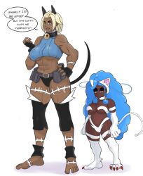 2girls abs black_fur black_hair blonde_hair blue_eyes blue_hair capcom cat_ears clothing cosplay crossover curvaceous dark_skin darkstalkers duppio fake_animal_ears felicia_(darkstalkers)_(cosplay) female fit fit_female medium_breasts multiple_girls muscular muscular_female nadia_fortune nadia_fortune_(cosplay) nelea_monroe_(duppio) oona_anderson_(duppio) shortstack skullgirls