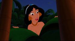 aladdin alluring black_hair brown_eyes disney disney_princess edit female jungle leaf_censor long_hair necklace nude princess_jasmine surprised