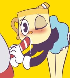 1boy 1boy1girl 1girls animate_inanimate anthro anthro_on_anthro blowjob blush blushed blushing blushing_profusely chalice clothed_female cum cup cuphead cuphead:_the_delicious_last_course cuphead_(game) female female_focus fleischer_style_toon gray_body gray_skin grey_body grey_skin half-dressed half_dressed half_naked half_nude inanimate male mole_(marking) mole_on_cheek mole_under_eye ms._chalice pac-man_eyes simple_background skirt straw toony wink winking winking_at_viewer yellow_background yellow_skin