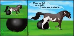 2022 animal_genitalia balls balls_on_ground balls_to_ground big_balls colored comic dialogue digital_drawing_(artwork) digital_media_(artwork) dragging dragging_balls english_text equid equine feral flaccid fully_sheathed genitals horse horseballs huge_balls hyper hyper_balls hyper_genitalia male mammal priestofjashin sheath sidesack solo speech_bubble text