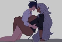 1boy 1girls bed blue_hair blush bottomless cygames dark-skinned_female dark_skin dragalia_lost faris_(dragalia_lost) happy happy_sex interracial large_breasts larger_female light_skin long_hair love male/female missionary_position nintendo nnw2se_(artist) red_eyes ryszarda size_difference small_dom_big_sub smaller_male smile unbuttoned white_hair yellow_eyes