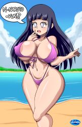 1girls aged_up aladeen beach big_breasts bikini bouncing_breasts breasts female huge_breasts hyuuga_hinata long_hair naruto naruto_(series) naruto_shippuden nipple_bulge shounen_jump speech_bubble text thick_thighs thighs wide_hips