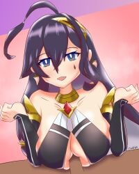 1boy 1girls ahoge black_hair blue_eyes blush c_o_d_a_(artist) clothed clothed_female_nude_male cygames dark_skin dragalia_lost earrings facial_markings first_person_view happy happy_sex interracial large_breasts long_hair nintendo nude paizuri paizuri_under_clothes pov sheila_(dragalia_lost) smile