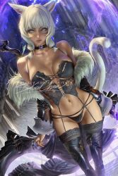 1girls 2022 adventurer_(ff14) artist_signature black_lingerie breasts brown_skin bustier cat_ears cat_tail catgirl choker dark-skinned_female dark_skin female female_only final_fantasy final_fantasy_xiv hips large_breasts lingerie looking_at_viewer miqo'te sakimichan short_hair silver_eyes slim_waist square_enix tail thick_thighs thighs watermark white_hair wide_hips y'shtola