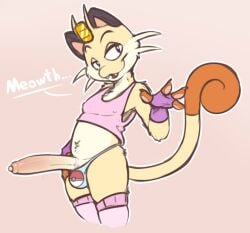 anthro bulge clothing domestic_cat emenius erection felid feline felis footwear genitals gloves handwear male mammal meowth nintendo penis pink_clothing pokéball pokémon_(species) pokemon shirt socks solo tank_top topwear underwear video_games