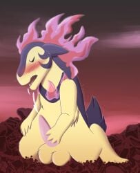 anthro balls blush bodily_fluids closed_eyes erection fire genital_fluids genitals hi_res hisuian_typhlosion male masturbation nintendo okstray open_mouth penile penile_masturbation penis pokémon_(species) pokemon pokemon_legends:_arceus regional_form_(pokémon) simple_background solo video_games