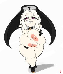 breast_press choker final_fantasy final_fantasy_xiv gigantic_breasts huge_ass huge_breasts lalafell long_ears nipple_piercing nun_outfit red_eyes shortstack smug spookie_shade thick_thighs underground_(artist) white_hair