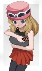 1boy 1girls armpit_sex armpits big_breasts blue_eyes breasts censor_bar censored disembodied_penis female glasses_on_head hat long_hair nanina nintendo penis pokemon pokemon_xy serena_(pokemon) serena_(pokemon_games) skirt thighhighs thighs