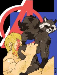 2boys anal anthro avengers body_hair brown_body brown_fur duo fur furry gay guardians_of_the_galaxy human human_on_anthro interspecies light-skinned_male light_skin male male/male male_only mammal marvel mr._brapion oral procyonid raccoon rimming rimming_male rocket_raccoon sex simple_background size_difference smaller_male thick_tail thor_(marvel) thor_(series) yaoi