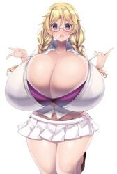 1girls blonde_hair bra bursting_breasts gigantic_breasts huge_breasts hyper_breasts long_hair thick_thighs tight_clothing tsumugie