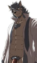 abs anthro bottomless canid canine canis chest_tuft clothed clothing domestic_dog eyewear facial_hair flaccid genitals glasses goatee hi_res husky male male_only mammal mitsuhisa_aotsuki morenatsu muscular muscular_male navel necktie nordic_sled_dog open_clothing open_shirt open_topwear penis popped_collar pubes run_aki shirt sideburns solo spitz topwear tuft untied_necktie video_games visual_novel