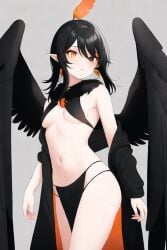 ai_generated black_eyes black_hair feathers orange_eyes pokemon staravia underboob wings