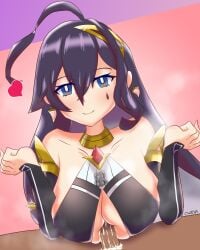 1boy 1girls ahoge black_hair blue_eyes blush c_o_d_a_(artist) clothed clothed_female_nude_male cum cum_between_breasts cum_on_breasts cum_on_clothes cum_on_penis cum_on_self cum_through_clothes cygames dark_skin dragalia_lost earrings ejaculation ejaculation_between_breasts facial_markings first_person_view happy happy_sex interracial large_breasts long_hair nintendo nude paizuri paizuri_under_clothes pov sheila_(dragalia_lost) smile