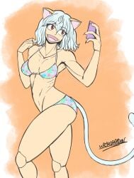 1girls abs bikini cat_ears cat_tail claws female female_only fit fit_female happy hunter_x_hunter medium_breasts monster_girl neferpitou open_mouth open_smile phone red_eyes smile solo swimsuit white_hair wickedraiden