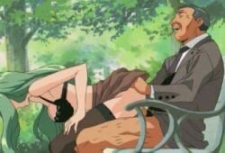 age_difference animated bench bent_forward black_bra black_thighhighs bra business_attire clothed_sex cowgirl_position duo green_hair jinguuji_narumi long_hair loose_hair middle_aged night_shift_nurses old_man older_male older_male_younger_female outside pants_down park park_bench riding riding_cock sex skirt_around_belly stockings suit_jacket thighhighs tie yakin_byoutou younger_female