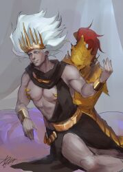 2boys archdragonleak armor crown dark_souls dark_souls_3 deity dragon_slayer_ornstein fromsoftware gay gold_(metal) grabbing_from_behind groping groping_from_behind helmet jewelry knight male male_only muscular muscular_male nameless_king pec_grasp pectoral_grab smile white_hair wrist_cuffs yaoi