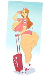 ass bag bimbo brown_hair ear_ring female flight_attendant gloves hat high_heels hoop_earrings large_ass large_breasts long_hair notsotv socks stewardess stewardess_uniform thick_thighs