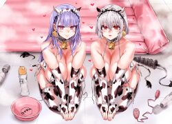 2girls air_mattress animal_ears animal_print asanagi azur_lane bangs bare_shoulders bell bikini blue_hair blunt_bangs blush breasts bridal_gauntlets choker cleavage closed_mouth collarbone commentary_request covered_nipples cow_ears cow_horns cow_print cow_tail cowbell crossed_bangs dido_(azur_lane) ear_tag eyebrows_visible_through_hair fake_animal_ears fake_horns female from_above full_body hair_between_eyes heart highres hitachi_magic_wand horns huge_breasts lips long_hair looking_at_viewer medium_hair multiple_girls parted_lips pink_eyes print_bikini print_legwear red_eyes sex_toy shadow sirius_(azur_lane) sitting smile swimsuit tail tareme thick_thighs thighhighs thighs tile_floor tiles tsurime vibrator wariza white_bikini white_hair white_legwear