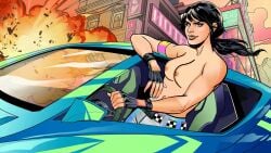 black_hair breasts breasts_out car driving edit edited edited_official_artwork explosion female female_only fortnite game_screenshot gloves naked nude_edit nude_filter public public_nudity rainbow_racer_(fortnite) screenshot_edit solo solo_female topless topless_female