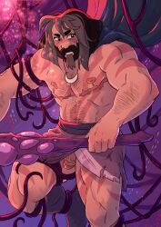 1boy bara barazoku beard beast_island blush blush_lines brown_hair hi_res huge_arms jembutspicy king_micah loincloth long_hair long_hair_male magic male male_focus male_only muscles muscular muscular_male muscular_thighs penis purple_background she-ra_and_the_princesses_of_power solo solo_male staff tentacle thick_arms thick_thighs top_surgery_scars topless