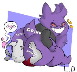 anthro ass big_butt black_clothing black_jacket black_topwear clothing duo facesitting gengar grey_body hair heart huge_butt human jacket lewd_die male male/male male_only mammal nintendo pokémon_(species) pokemon purple_body purple_hair topwear video_games