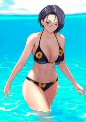 1girls alternate_costume anagumasan asymmetrical_hair bangs bikini black_bikini black_hair black_swimsuit breasts cleavage female female_only fire_emblem fire_emblem:_three_houses floral_print hair_behind_ear halterneck highres large_breasts looking_at_viewer navel nintendo ocean outdoors partially_submerged purple_eyes shamir_nevrand short_hair sky smile source_larger sunflower_print swimsuit thighs water