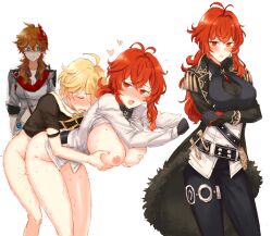 1boy 2girls aether_(genshin_impact) ahoge antenna_hair ascot bangs black_ascot black_pants blonde_hair blue_eyes blush bottomless breast_grab breasts cleavage closed_eyes closed_mouth crossed_arms diluc_(genshin_impact) genderswap_(mtf) genshin_impact gloves grabbing heart highres implied_sex jacket jealous large_breasts long_hair mask mask_on_head multiple_girls multiple_views nipples nose_blush open_mouth pants parted_lips red_eyes red_hair red_scarf rule_63 sbs scarf sex sex_from_behind shirt simple_background straight sweat tartaglia_(genshin_impact) vision_(genshin_impact) white_background white_shirt