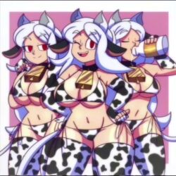 3girls ass big_ass big_breasts breasts cerberus_(helltaker) cow_ears cow_horns cow_print cow_tail cowbell cowgirl drinking_milk female helltaker lueduar lueduartv milk multiple_girls red_eyes sharp_teeth tagme_(artist) thick_ass thick_thighs white_hair