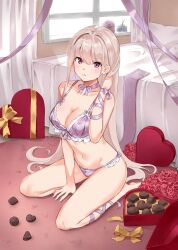 absurdres bangs bed bow bowtie box bra breasts candy chocolate cleavage curtains eyebrows_visible_through_hair female flower flower_pot food grey_hair heart heart-shaped_box heart-shaped_chocolate highres large_breasts long_hair navel original panties purple_bow purple_bowtie purple_bra purple_eyes purple_panties purple_ribbon ribbon sitting solo syan_(4767269) underwear underwear_only valentine valentine's_day very_long_hair wariza white_curtains window yellow_bow