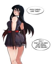 1girls akame_(akame_ga_kill!) akame_ga_kill! ass ass_in_dress big_ass big_butt black_hair breasts eye_contact female hentaly long_hair looking_at_viewer red_eyes skirt solo speech_bubble standing text thick_thighs thighs white_background