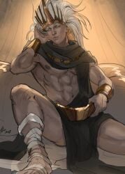 archdragonleak crown dark_souls dark_souls_3 deity fromsoftware gold_(metal) jewelry long_hair_male looking_at_viewer male male_only muscular muscular_male nameless_king reclining scarf sitting smile solo spread_legs suggestive suggestive_look white_hair wrist_cuffs yellow_eyes