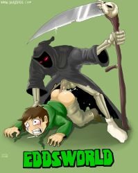 2boys anal bending_over bloodshot_eyes brown_hair clothed_rape crying crying_with_eyes_open edd_gould eddsworld gay green_hoodie grim_reaper male male_only penis rape shadman skeleton yaoi